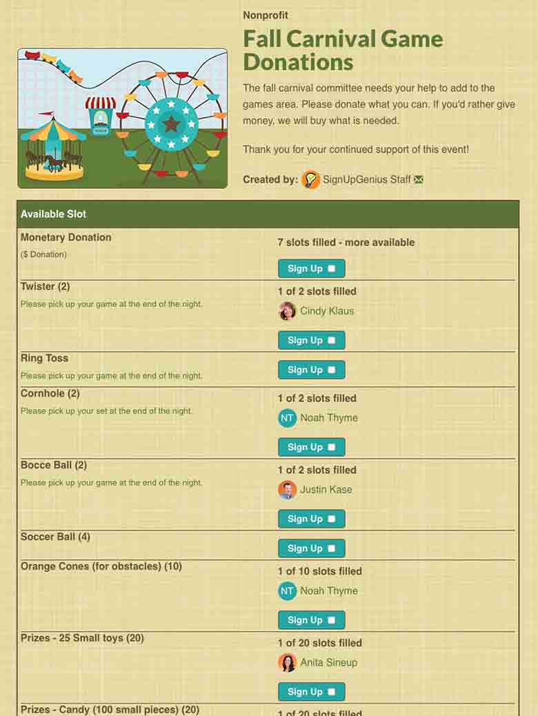 Coordinate Carnival Game Donations